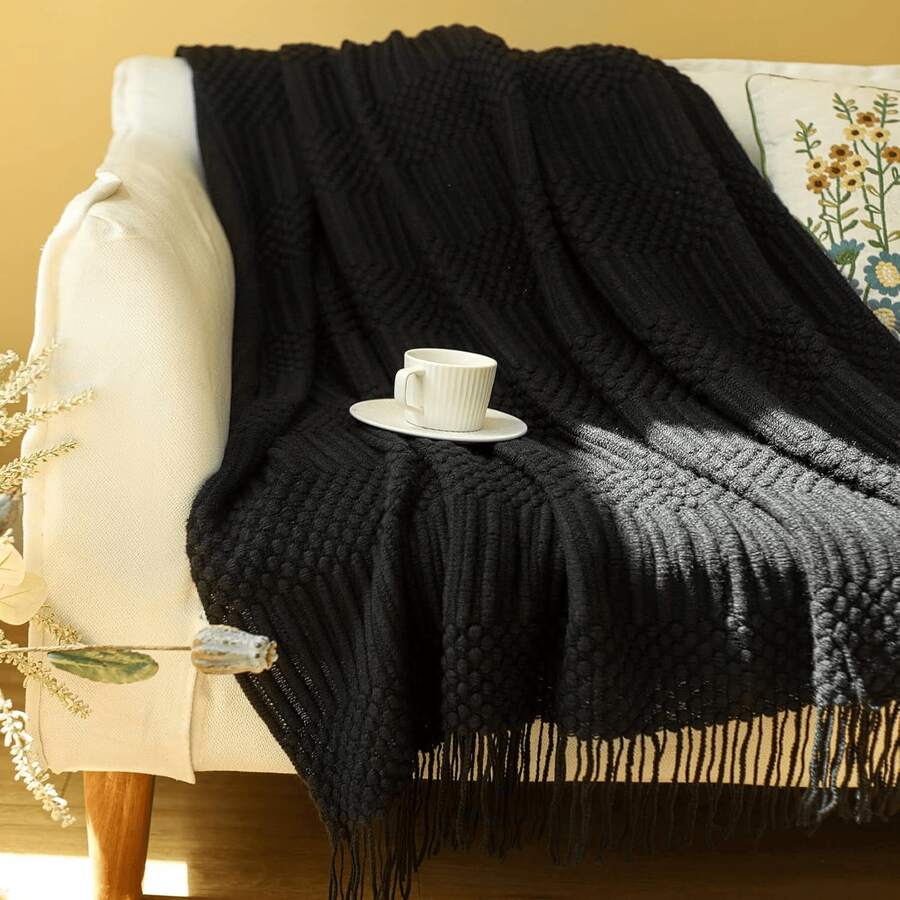 Bohemian Style Tassel Decorative Blanket, Soft Acrylic Lightweight Throw, Suitable For Sofa And Bed, 50x60/60x80 Inches, All Season Use - Black - View 1