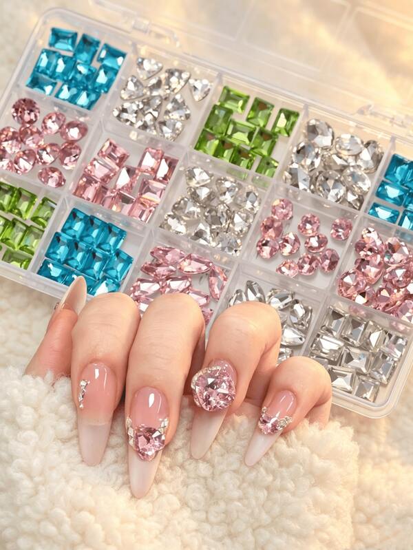 15 Grid Multicolor Crystal Nail Rhinestones Box Set, Multi-Shape Square Oval Heart Teardrop Cut Glass Nail Gems, Pink Blue Green Clear Large Rhinestone Nail Charms For Luxury Bling DIY Manicure Salon Supplies