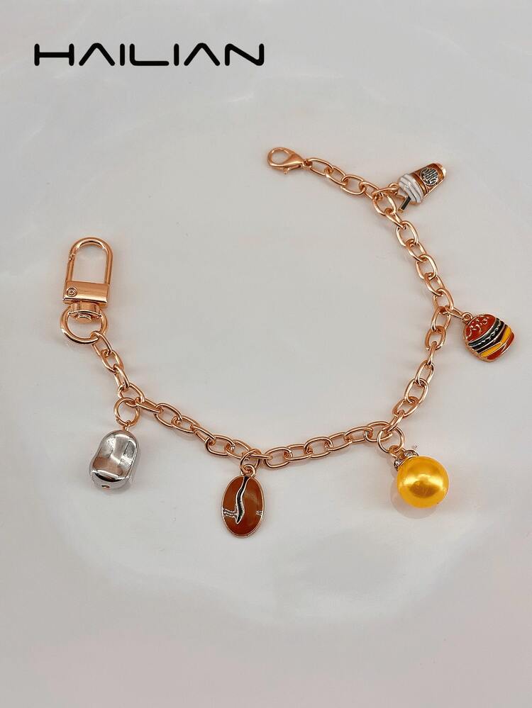 Cute Mini Food Theme Bag Chain Charm, Coffee Bean Hamburger Milk Tea Cup Pendant Keychain, Gold Alloy Lobster Clasp Handbag Strap Decorative Accessory - Gold - View 8