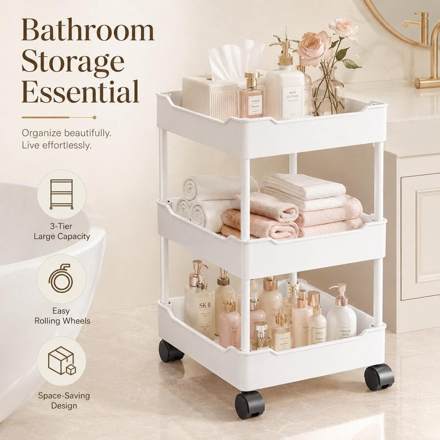 3-Tier Slim Rolling Storage Cart With 360° Swivel Wheels, Narrow Mobile Utility Organizer For Bathroom, Bedroom, Dorm, Kitchen And Laundry Room
