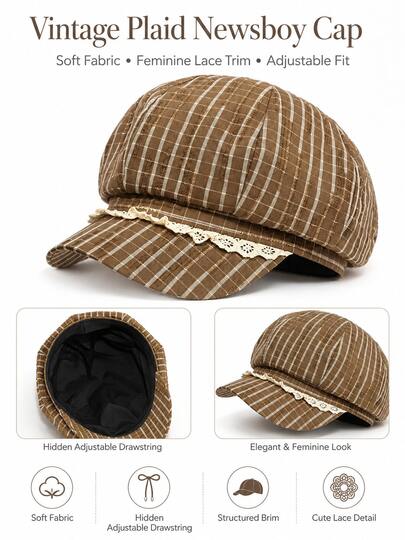 1pc Vintage Plaid Lace Trim Octagonal Beret, Women's Japanese Retro Newsboy Cap, Casual Sun Protection Painter Hat, Suitable For Spring And Autumn Outfits