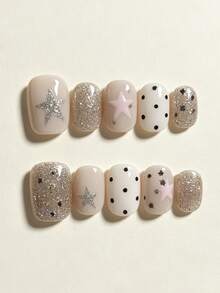 10pcs Handmade Press-On Nails Short Square Nude Color Fake Nails Pink & Silver Star Glitter Design Black Polka Dot Fake Nails For Women Daily Wear Reusable Artificial Nail Set With Nail File And Adhesive Tabs - Multicolor - View 3