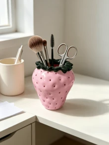 1pc Cute Strawberry Shaped Multi-Functional Storage Box, Red And Pink Available, Makeup Brush Holder, Decorative Vase, Desktop Pen Holder, Vanity Decor, Bedroom Desktop Storage, Dorm Essentials, Aesthetic Home Decor, Gift For Girls - Multicolor - View 4