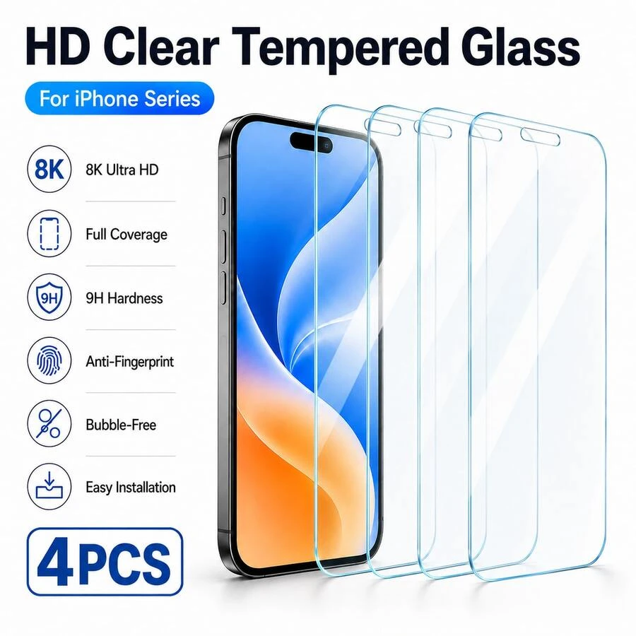 CASECOPS 4pcs High Definition Transparent Tempered Glass Screen Protector, Compatible With IPhone 17/16/15/14/13 Series, 9D Curved Edge, High Transparency, Anti-Scratch, Easy Installation - 4pcs - View 1