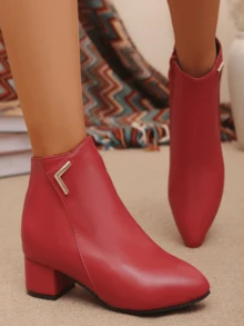 1 Pair Women's Autumn/Winter New Glossy Minimalist Pointed Toe Chunky Heel Ankle Boots With Side Metal Decor And Side Zipper, Versatile For Wedding And Daily Wear - Red - View 2