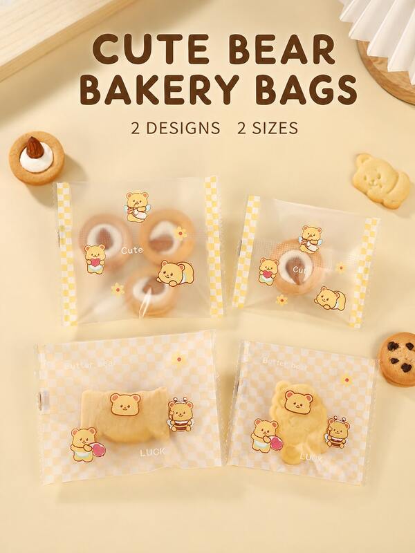 100pcs Cute Bear Pattern Frosted Self-Sealing Baking Bags, Semi-Transparent Cookie Packaging Bags, Reusable Sealable Snack Bags For Desserts, Baked Goods, Coffee Shop Display And Gift Wrapping