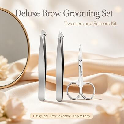 Smooth Surface Multi Tip Stainless Steel Eyebrow Tweezers Matched Eyebrow Scissors For Female Users Refine Eyebrows Tidy Brows Daily Household Cosmetic Brow Care Supply