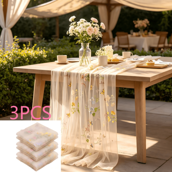 3pcs Warm Tone Floral Embroidered Sheer Table Runner (Champagne, 30in X 120in), 6pcs Champagne Chair Sashes (12in X 94in), 10ft Fall Season Dining Decor For Wedding Baby Shower Birthday Party