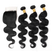 BingShang Body Wave 3 Bundles With Closure Brazilian 12A Unprocessed Virgin Human Hair 4x4 Free Part Closure Body Wavy Human Hair Bundles With Closure Natural Color Free Part HD Lace Transparent - 1B - View 33