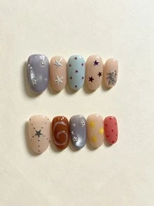 10Pcs Handmade Press On Nails Short Oval, Multicolor False Nails With Star Print, Polka Dot & Swirl Accents, Reusable Glossy Fake Nails For Women - Multicolor - View 3
