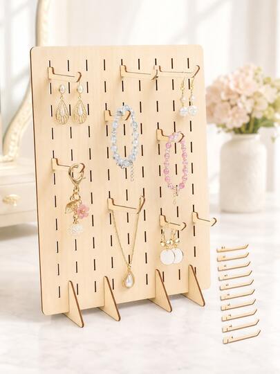 1pc Portable Wooden Pegboard Display Stand With Display Hooks, Freestanding Jewelry Organizer Rack For Necklaces, Earrings And Keychains, Retail Display, Craft Fair Booth, Tool And Pegboard Accessory Storage, Dorm Room Organization, Room Decor