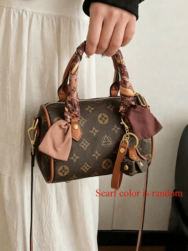 Sleek PU Handbag With Delicate Print, Dual Handles, Pendant And Random-Color Silk Scarf. Elegant For Ladies, Students & Daily Use, A Nice Gift Option.