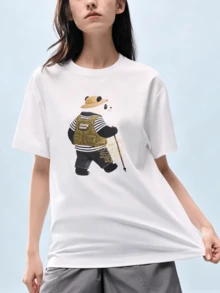 CAMEL CROWN Panda Print Quick-Dry Short Sleeve T-Shirt, Unisex Loose Fit Crew Neck Top, Soft Skin-Friendly Breathable, Suitable For Spring, Summer And Autumn - White Cobblestone - View 2