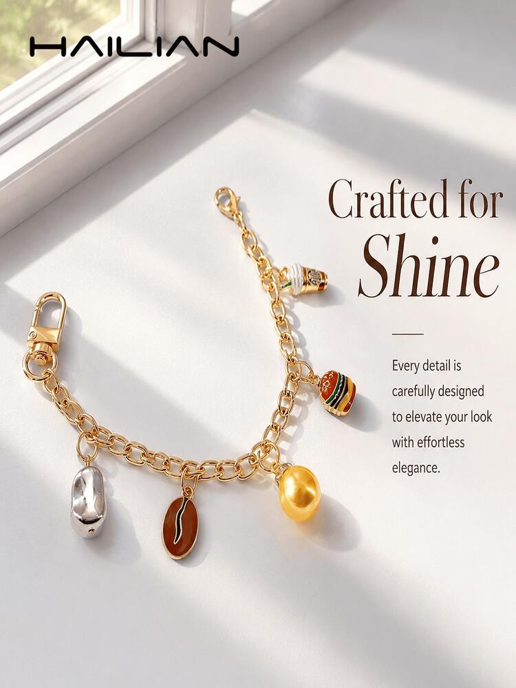 Cute Mini Food Theme Bag Chain Charm, Coffee Bean Hamburger Milk Tea Cup Pendant Keychain, Gold Alloy Lobster Clasp Handbag Strap Decorative Accessory - Gold - View 6