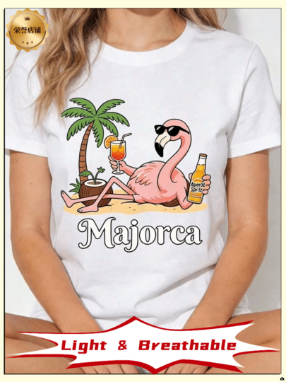 Primavera.1pac.100%.100% Majorca Aperol Spritz Flamingo Print T-Shirt, Funny Mallorca Vacation Graphic Tee, Women's Casual Top.Grafica Va