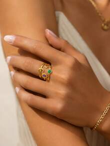1pc Fashionable Stainless Steel Ring For Women With Enamel Craft Geometric Design, Suitable For Daily Wear - Yellow Gold - View 4