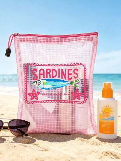 New "Vintage Sardine" Print Waterproof Fashion Beach Bag. Floral And Wave Pattern, Large Capacity Transparent Zipper Makeup Bag - Lightweight, Spring/Summer Storage, Durable, Suitable For Swimming, Beach, Diving And Summer Vacation, Student Back To School, Sun Protection Storage Bag, Perfect For Friends, Family, Best Friends, Classmates. Perfect Gift And Souvenir For Birthday, Holiday, Party, Wedding (Bridesmaid), Vacation