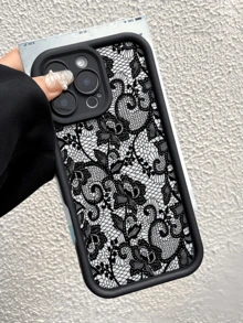 1pc Black & White Lace Floral Personalized Minimalist Soft TPU Shockproof Full Coverage Anti-Stain Fashion Phone Case Compatible With Apple 17 16 15 14 13 12 11 Pro Max Air And Series - Multicolor - View 1