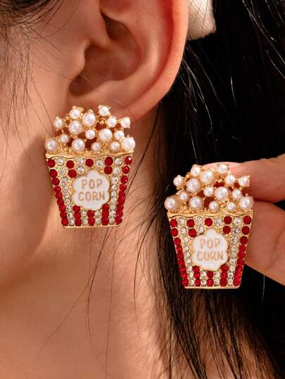 1 Pair European And American Style Faux Pearl Popcorn And Ice Cream Creative Funny Food Earrings With Rhinestones (No Card)