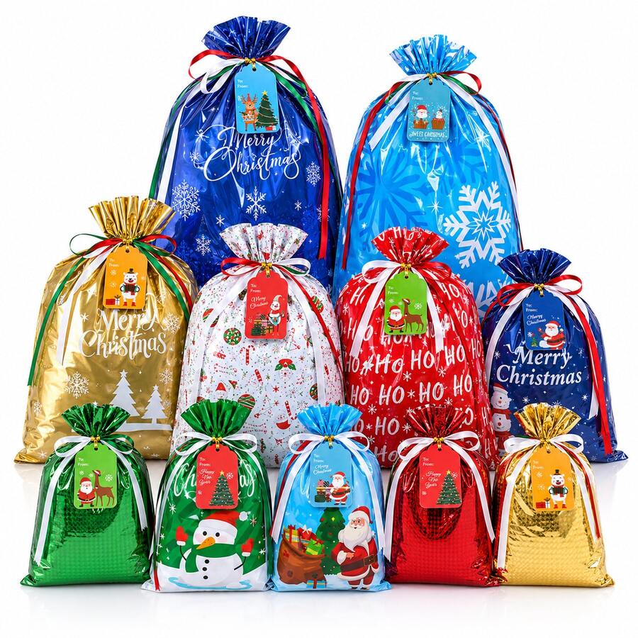 5/11/30/37pcs Christmas Drawstring Gift Bags, Small/Medium/Large Assorted, Colorful Drawstring Glossy Aluminum Foil Reusable Material, With Labels, For Christmas Holiday Gift Packaging And Christmas Decoration - View 1