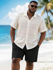 Plus Size Men's Summer Knitted Jacquard Casual Short Sleeve 2-Piece Set, Men's Solid Color Plus Size Polo Suit - Multicolor - View 2