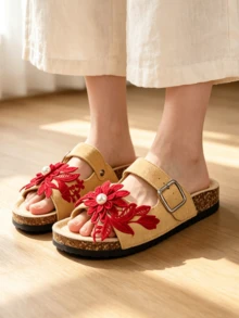 roulvxiang Women's Cork Footbed Slide Sandal, Arch Support Summer Outdoor Sandals With Adjustable Buckle - Apricot - View 1