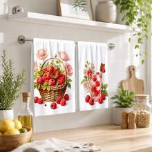 2/4/6pcs Strawberry Pattern Printed Kitchen Towels, Ultra-Fine Microfiber Soft High Absorbent Tea Towels, Dish Cloths, Cleaning Towels, Hand Towels, Suitable For Cooking, Baking, Wiping Cleaning And Kitchen Decoration, Kitchen Accessories, Daily Essential Items - Multicolor - View 2