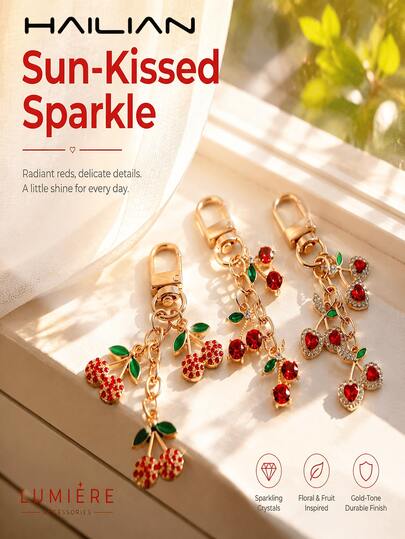 HAILIAN Glitter Crystal Cherry Keychain Pendant, Multi Cherry Tassel Bag Charm, Fashion Alloy Bag Decoration Ornament For Handbag Car Key Backpack