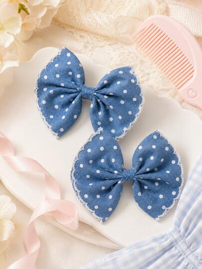 2pcs Navy Blue Fabric Hair Bows For Girls,Polka Dots Bow Hair Clips,Delicate Hair Barrettes For Teens School Travel Essentials Party Gifts