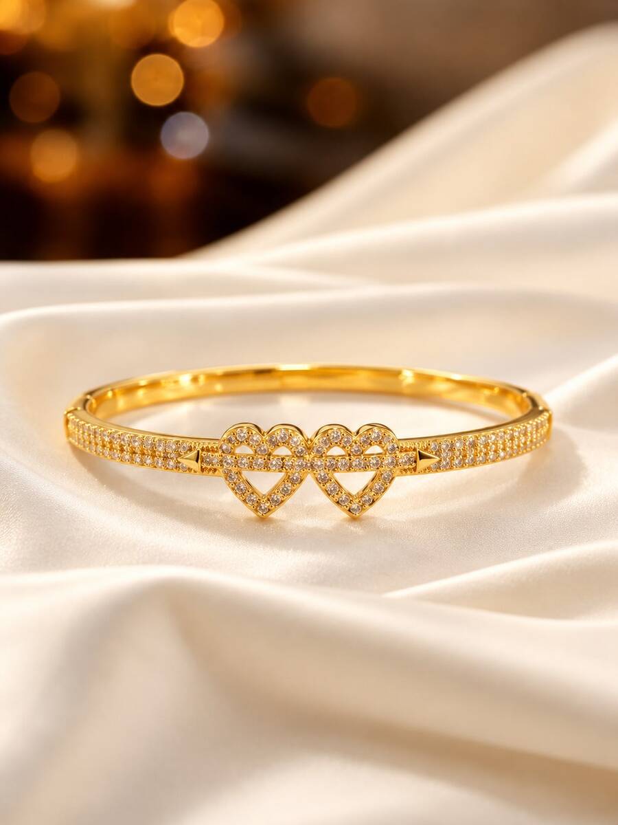 1pc Women's Fashion Arrow Through Heart Double Heart Rhinestone Bracelet, Romantic Confession Gift, Exquisite Versatile Luxury Niche Design Bangle, Suitable For Couples, Wedding, Party Gift And Wear - Bracelet - View 1
