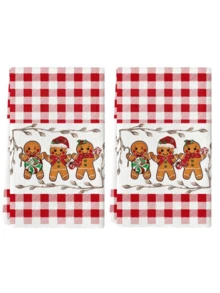 2 Stücke rote karierte Weihnachtsküchentücher, süße Lebkuchenmann Zuckerstange bedruckte Geschirrtücher, Landhausstil Weihnachts-Küchendekoration Geschenk - Rot-Weiß - Übersicht 2