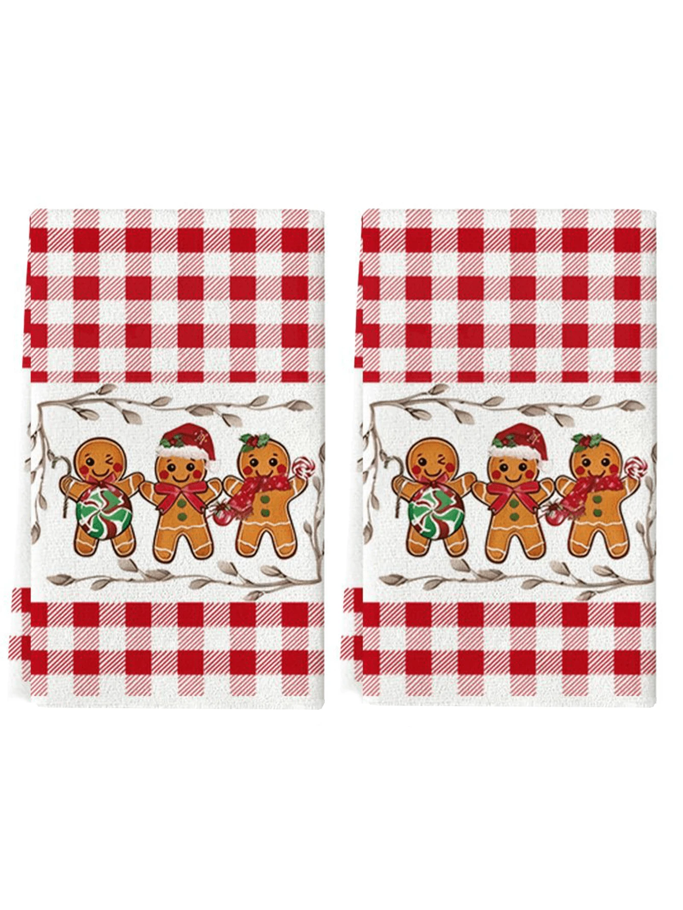 2 Stücke rote karierte Weihnachtsküchentücher, süße Lebkuchenmann Zuckerstange bedruckte Geschirrtücher, Landhausstil Weihnachts-Küchendekoration Geschenk