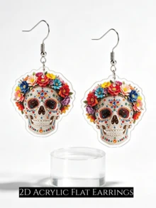 2D Flat Gothic Skull Dangle Earrings For Women, No Rhinestones, Acrylic Mexican Day Of The Dead Calavera Ear Pendants, Halloween, Festival Fun Jewelry Gift - A - View 1