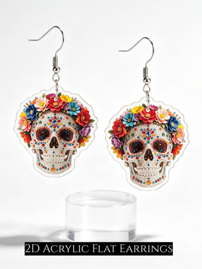 2D Flat Gothic Skull Dangle Earrings For Women, No Rhinestones, Acrylic Mexican Day Of The Dead Calavera Ear Pendants, Halloween, Festival Fun Jewelry Gift
