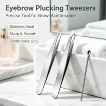 3PCS Multi Tip Stainless Steel Eyebrow Tweezers Matching Ear Pick For Salon Beginners Sculpt Brows Extract Loose Facial Hairs Clean Earwax Durable Practical Makeup Accessory - 3-piece Set - View 3