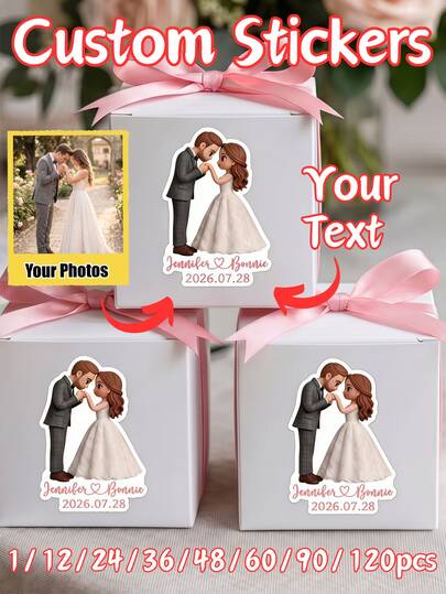 1/12/24/36/48/60/90/120pcs, Custom 3D Cartoon Couple Wedding, Stickers, Gift Box Sealing Labels, Ideal For Wedding Favor Packaging, Champagne Cup Invitation Envelope Cookie Candy Package, Gift For Engagement Bridal Shower Anniversary Party Decor.