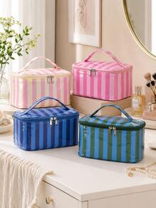 Bolsa de maquillaje de PVC a rayas, bolsa de almacenamiento de cosméticos de viaje de gran capacidad con asa, organizador de artículos de tocador y productos de belleza esenciales - Multicolor - Ver 1