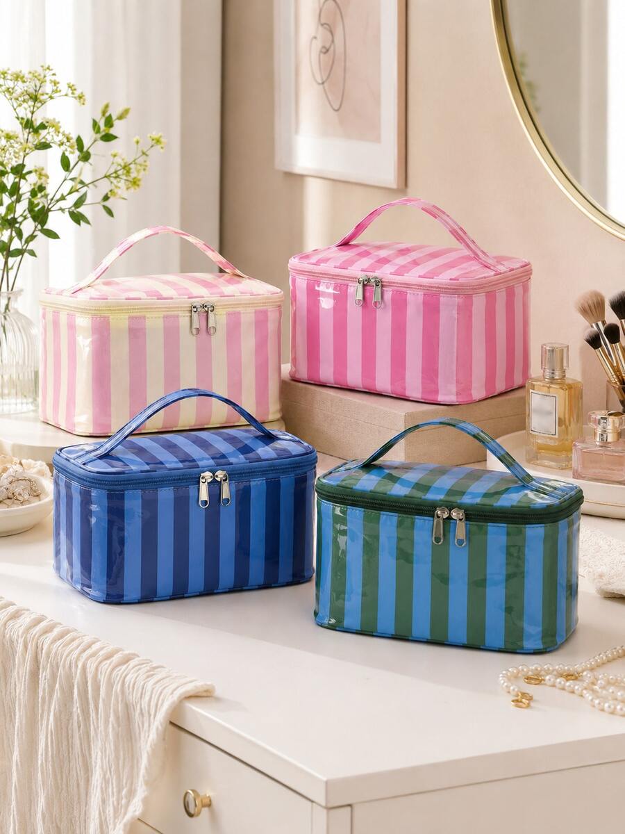 Bolsa de maquillaje de PVC a rayas, bolsa de almacenamiento de cosméticos de viaje de gran capacidad con asa, organizador de artículos de tocador y productos de belleza esenciales - Multicolor - Ver 1