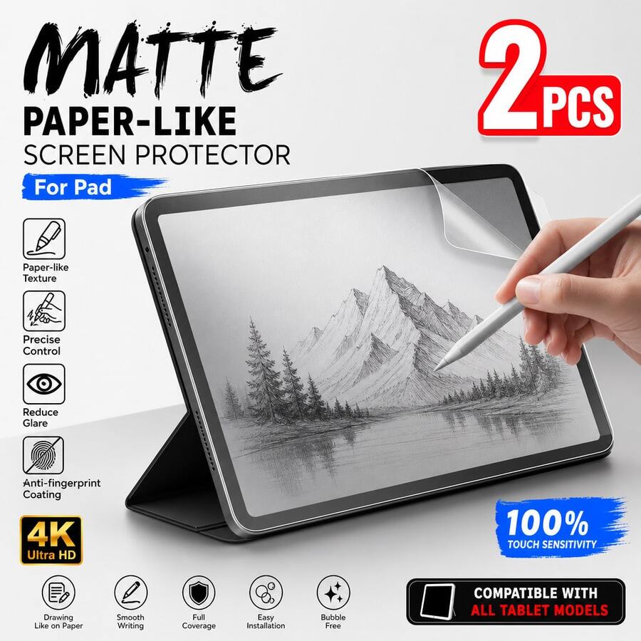 2 Packs PET Paper Feel Screen Protector, Anti Scratch Anti Glare Anti Fingerprint Matte Film, Easy Install High Sensitivity For Drawing Writing Office, Fit All Models Birthday Gift Tablet Accessory