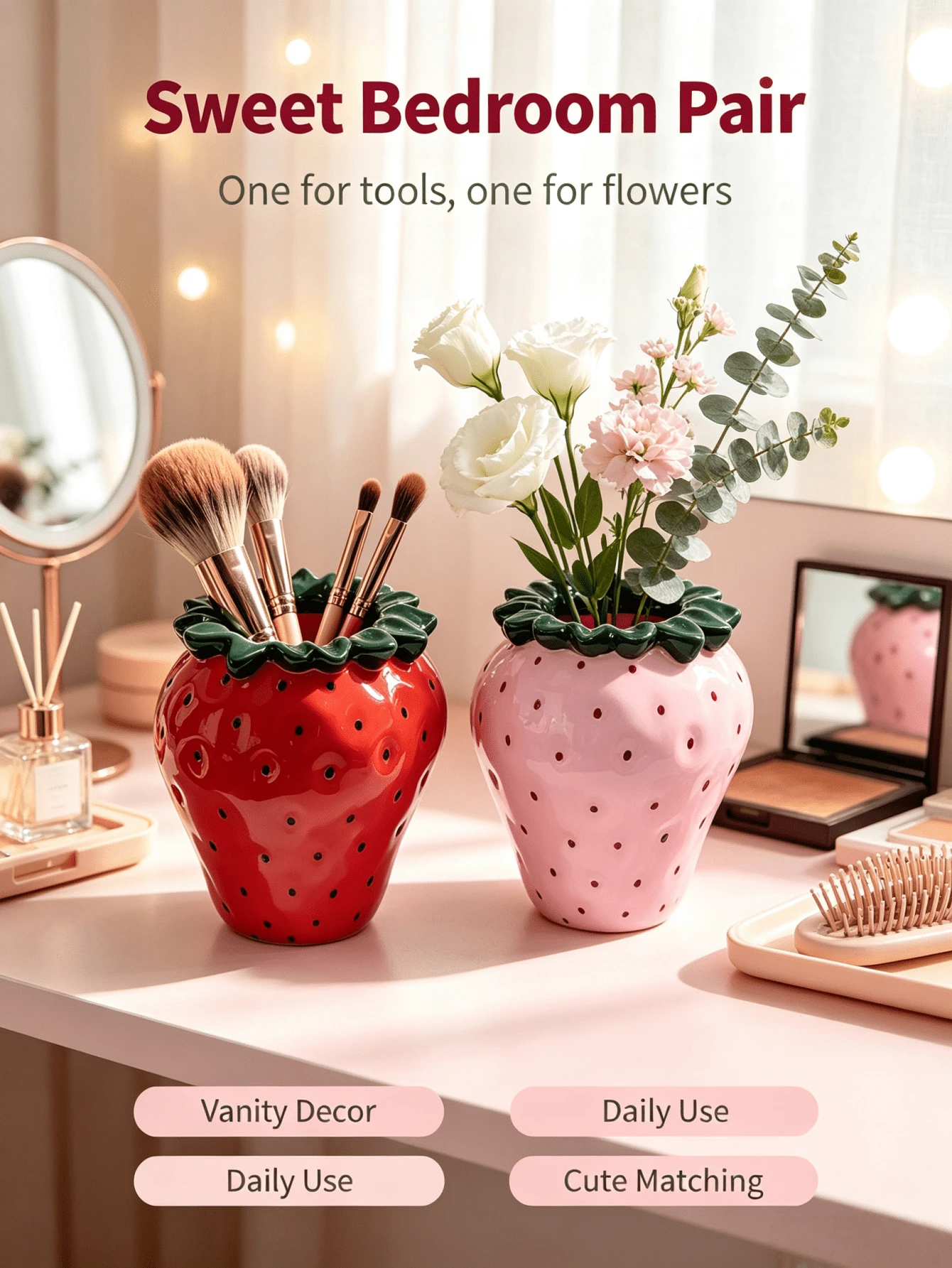 1pc Cute Strawberry Shaped Multi-Functional Storage Box, Red And Pink Available, Makeup Brush Holder, Decorative Vase, Desktop Pen Holder, Vanity Decor, Bedroom Desktop Storage, Dorm Essentials, Aesthetic Home Decor, Gift For Girls - Multicolor - View 1