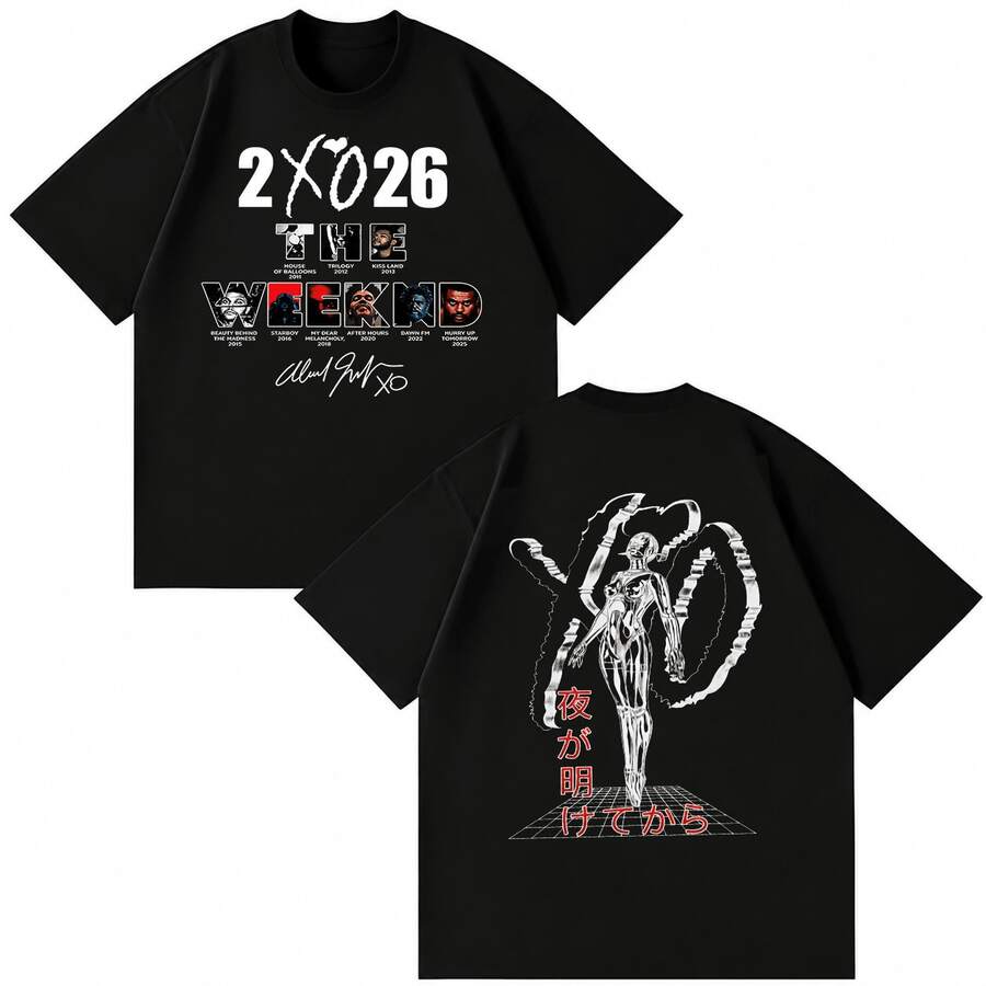 Camiseta negra oversize unisex de , modelo 2X026 XO, con estampado frontal y trasero, la portada del álbum y la firma en la parte delantera, la frase en japonés "XO Liquid Metal" e - Negro - Ver 1