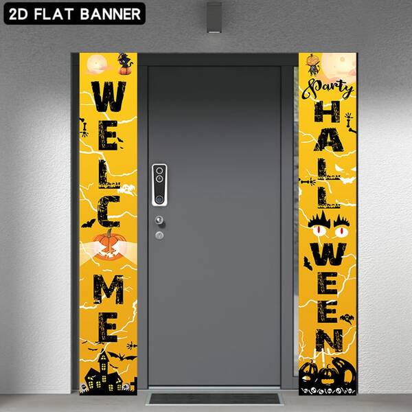 2D Flat Flag, 2D Flat - 1pc 2D Flag Halloween Theme Door Hanging Banner Background, With "Welcome Halloween" Text, Featuring Pumpkin, Bat, Haunted House, Black Cat And Other Halloween Elements, Made Of Polyester Material, No Power Required For Convenient Use, Suitable For Halloween Party Decoration, Can Be Given As A Holiday Gift, Applicable For Doorway Arrangement, Home Gathering, Outdoor Party, Studio Scene Arrangement, Style Full Of Halloween Holiday Atmosphere, Material Lightweight And Easy To Hang, Decoration Effect Eye-Catching And Unique.