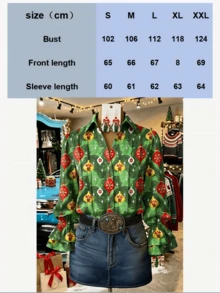 Women's Festive Christmas Ornament Print Blouse – Long Sleeve Pine Branch Graphic Top With Ruffled Cuffs – Chic Holiday Party Shirt For Women - 綠色 - 查看 4