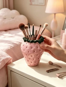 1pc Strawberry Shaped Multifunctional Desktop Storage Box, Cute Multi-Scene Storage Cup, Makeup Brush Holder, Pen Holder And Mini Vase, Suitable For Vanity, Bedroom, Office Desk, Japanese Cute Style Desktop Decor, Home Decoration Girl Gift - Multicolor - View 5