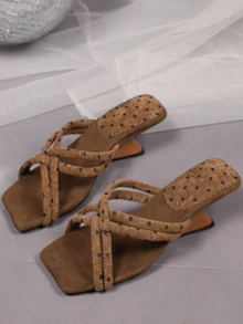 Vintage Brown Polka Dot Multi-Strap Square Toe Slide Sandals, Asymmetrical 3D Wedge Heel, Slimming High Heel Slippers For Outdoor Wear, Dating And Party - Brown - View 4