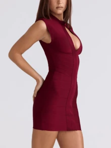 Gaun Pendek Bodycon Elegan dengan Leher Bulat Berongga dan Pinggang Terikat - Burgundy - View 5