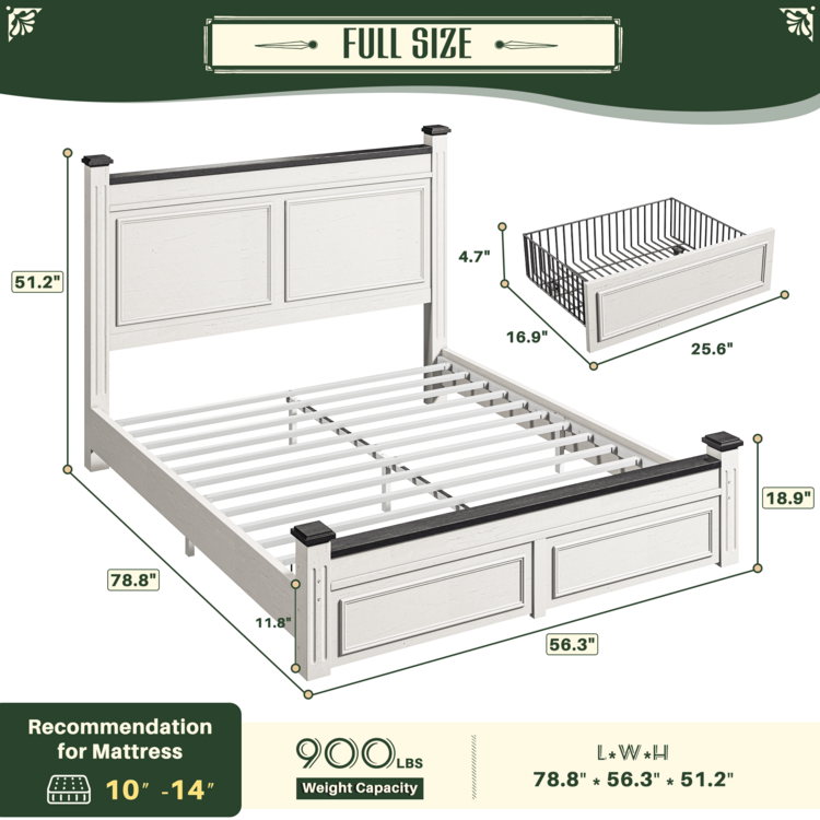 Queen/King Size Bed Frame With 2 Storage Drawers And 51.25" H Headboard Farmhouse Wood Platform Bed Frame, No Noise, No Box Spring Needed, White And Black - Black and White - View 11