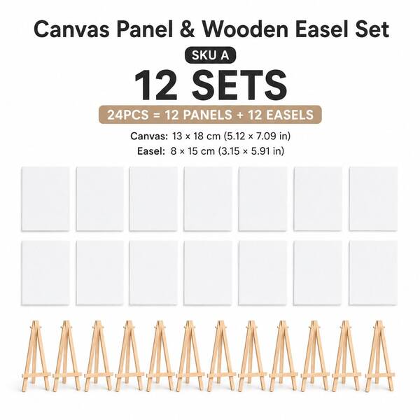 24 piezas/Set (24 piezas = 12 Caballetes + 12 Lienzos) Juego de combinación de lienzo y caballete, incluye 12 piezas de lienzos cuadrados de 5"X7" y 12 piezas de caballetes, juego de tablero de lienzo y caballete de madera, tablero de pintura de 3mm de grosor con mini caballete de exhibición de madera, adecuado para acrílico, óleo, acuarela y manualidades de arte DIY