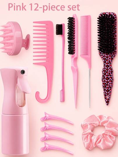 12/5/4/3pcs Pink Hair Styling Tool Set, Includes 200ml Continuous Fine Mist Spray Bottle, Leopard Print Cushion Brush, Scalp Massage Brush, Edge Comb, Pointed Tail Sectioning Comb, Wide Tooth Comb, Hair Clips And Hair Ties, Suitable For Detangling, Untangling, Sectioning, Styling And Scalp Care, Essential For Women's Daily Home Use, Hair Salon, Travel And Back To School