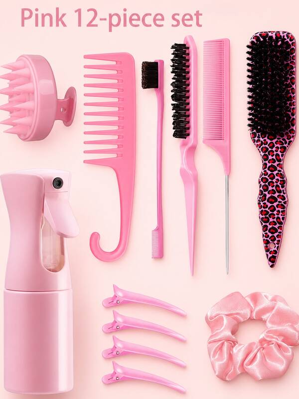 12/5/4/3pcs Pink Hair Styling Tool Set, Includes 200ml Continuous Fine Mist Spray Bottle, Leopard Print Cushion Brush, Scalp Massage Brush, Edge Comb, Pointed Tail Sectioning Comb, Wide Tooth Comb, Hair Clips And Hair Ties, Suitable For Detangling, Untangling, Sectioning, Styling And Scalp Care, Essential For Women's Daily Home Use, Hair Salon, Travel And Back To School